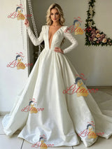 White Long Sleeve V-neck Wedding Dress