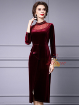 Burgundy Velvet Long Sleeve Mother Of The Bride Dress