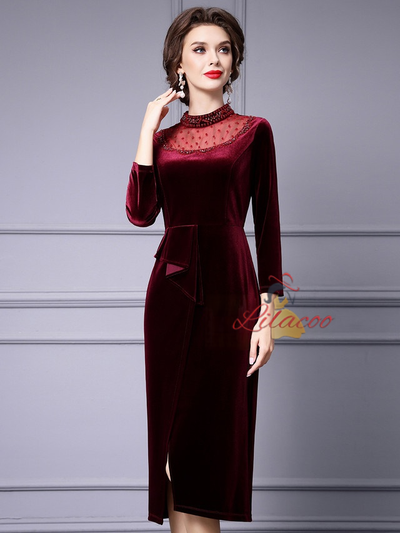 Burgundy Velvet Long Sleeve Mother Of The Bride Dress