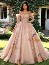 Pink Tulle Sequins Long Sleeve Quinceanera Dress