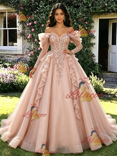 Pink Tulle Sequins Long Sleeve Quinceanera Dress