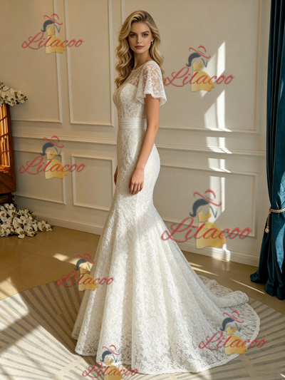 White Mermaid Lace Scoop Neck Wedding Dress