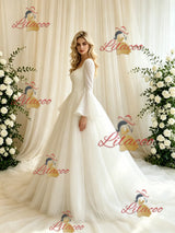 Beige White Tulle Long Sleeve Wedding Dress