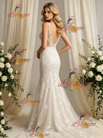 Beige Tulle Lace V-neck Wedding Dress