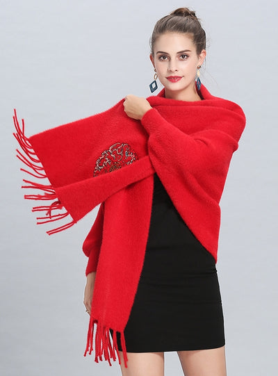Embroidered Knitted Fringed Long Shawl