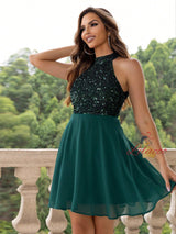 Contrasting Sequins Backless Dress