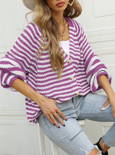 Striped Loose Single-breasted V-neck Sweater