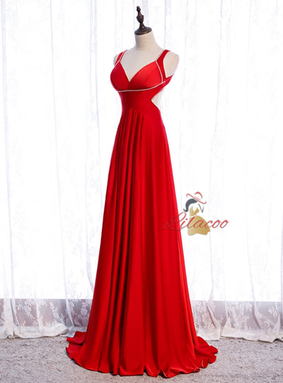 Red V-neck Backless Beading Prom Dress