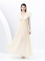 V-neck Long Sleeve Lace Gauze Long Dress