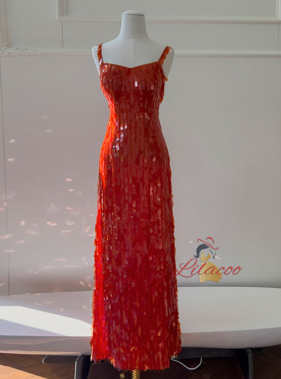 Orange Sequins Straps Long Prom Dress