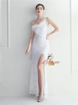 One Shoulder Mermaid Sequins Split Prom Dress