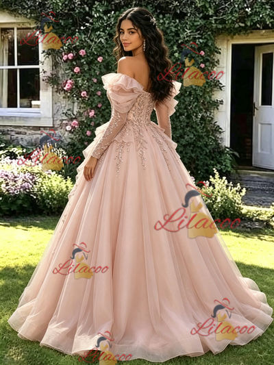 Pink Tulle Sequins Long Sleeve Quinceanera Dress