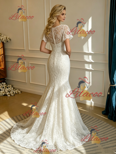 White Mermaid Lace Scoop Neck Wedding Dress