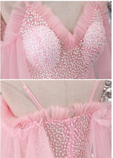 Blue Tulle Spaghetti Straps Beading Prom Dress