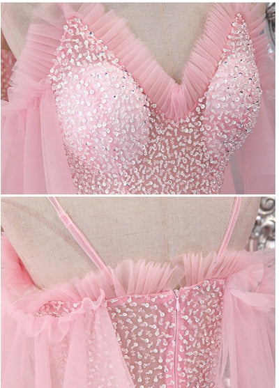 Blue Tulle Spaghetti Straps Beading Prom Dress