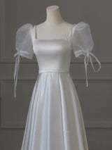 White Satin Puff Sleeve Pearls Wedding Dress