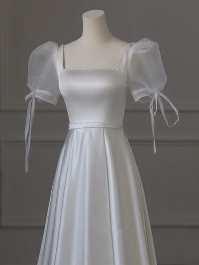 White Satin Puff Sleeve Pearls Wedding Dress