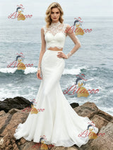 White Mermaid Two Piece Long Sleeve Wedding Dress