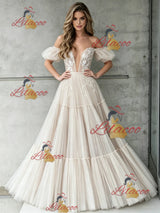 Ivory Tulle Lace Off the Shoulder Wedding Dress