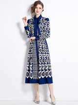 Lapel Long Sleeve Breasted Slim Print Dress
