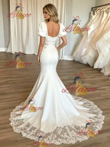 White Mermaid Puff Sleeve Appliques Wedding Dress