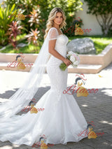 White Mermaid Tulle Lace Appliques Wedding Dress
