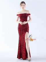 Sequins Off the Shoulder Split Prom Dress