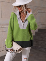 Pullover Color Matching Long Sleeve Zipper Sweater