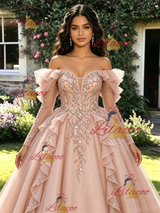 Pink Tulle Sequins Long Sleeve Quinceanera Dress