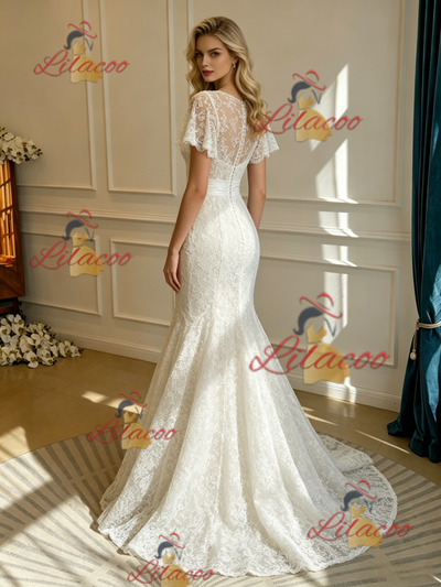 White Mermaid Lace Scoop Neck Wedding Dress