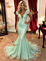 Green Mermaid Sequins Cap Sleeve Prom Dress