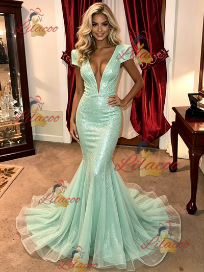 Green Mermaid Sequins Cap Sleeve Prom Dress