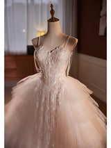 White Tulle Spaghetti Straps Tiers Wedding Dress