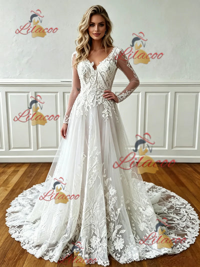 White Lace V-neck Long Sleeve Wedding Dress