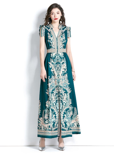 Retro Palace Style V-neck Printed Dress
