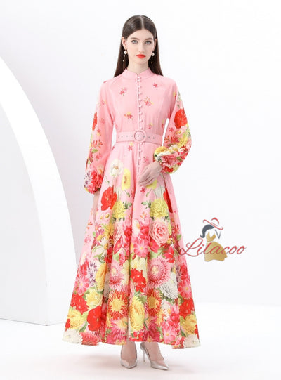 Retro Stand-up Printed Long Dress