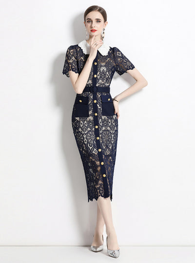 Dark Blue Lace Doll Collar Slim Dress