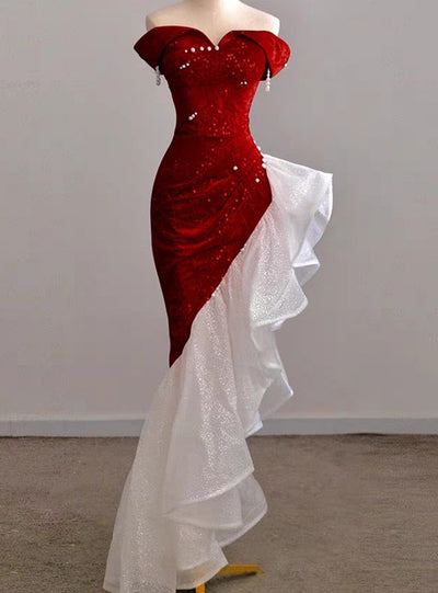 Burgundy Sequins Mermaid Pearls Prom Dress