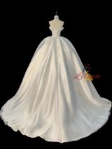 White Satin Strapless Appliques Wedding Dress