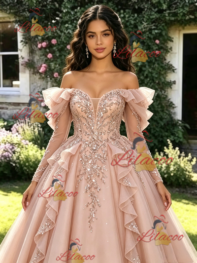 Pink Tulle Sequins Long Sleeve Quinceanera Dress