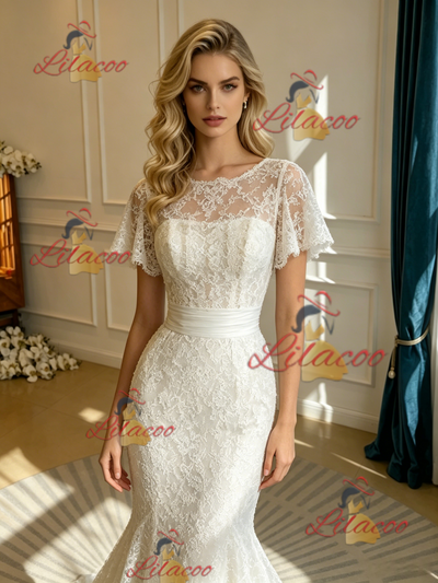 White Mermaid Lace Scoop Neck Wedding Dress