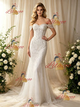 White Mermaid Sequins Beading Wedding Dress