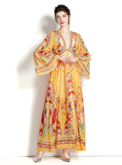 Long-sleeved V-neck Printed Dress