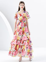 V-neck Flared Sleeve Printed Long Dress