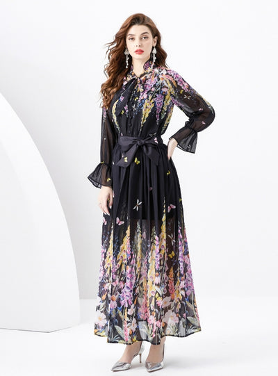 V-neck Wood Ear Ribbon Pleated Printed Dress