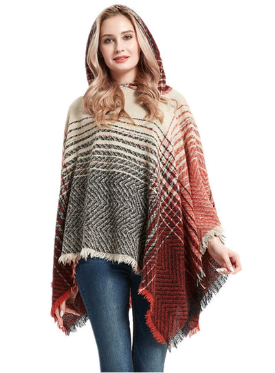 Polyester Gradient Hooded Cloak Shawl