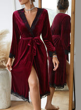 Lace Long Sleeve Velvet Robe Bathrobe