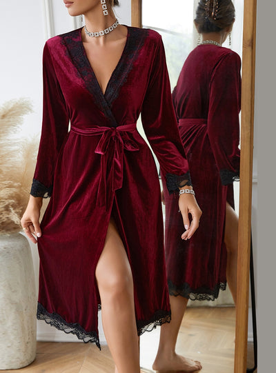 Lace Long Sleeve Velvet Robe Bathrobe