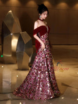 Burgundy Sequins Bow Prom Dress