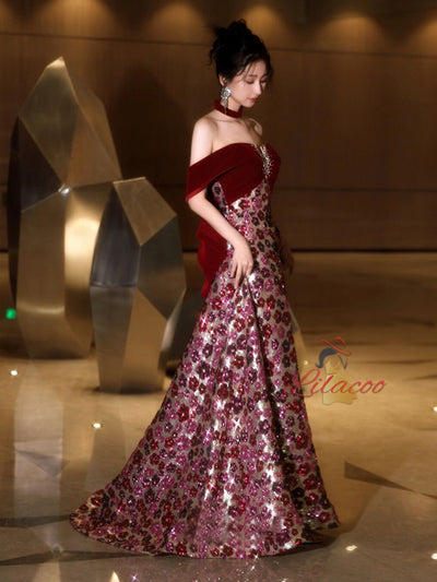 Burgundy Sequins Bow Prom Dress